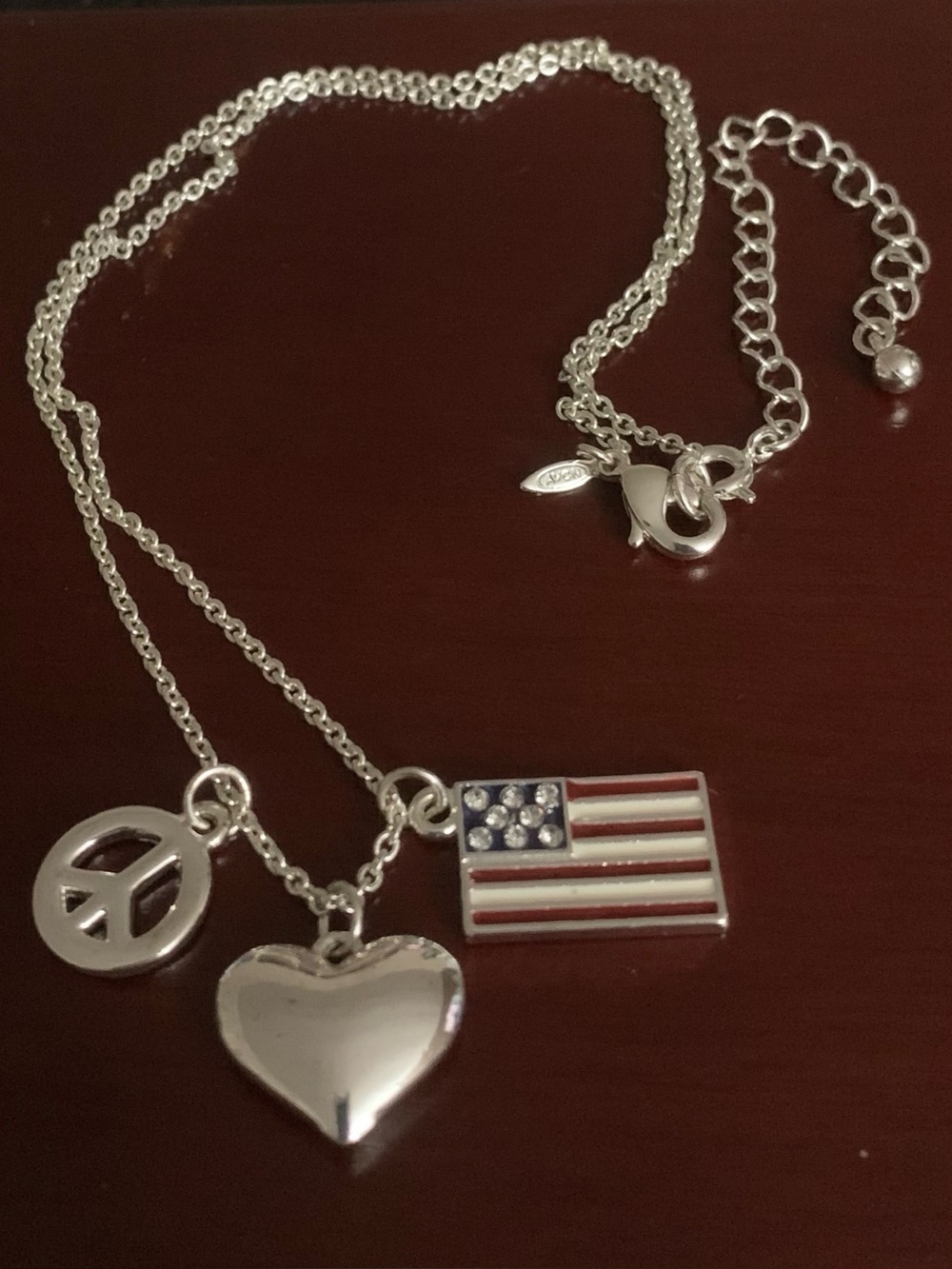 Avon SP Silver Charms Necklace Peace Heart USA Flag NWOT